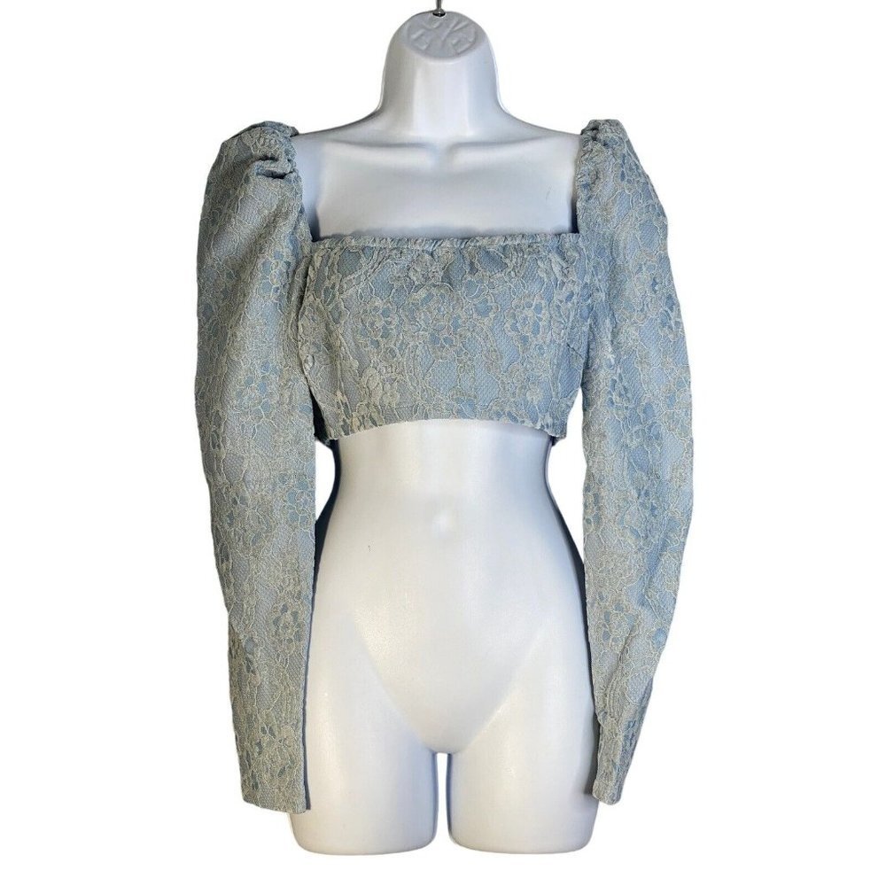 Naked‎ Wardrobe Womens Puff Sleeve Lace Crop Top Long Sleeve Blue Size Small - Picture 2 of 7